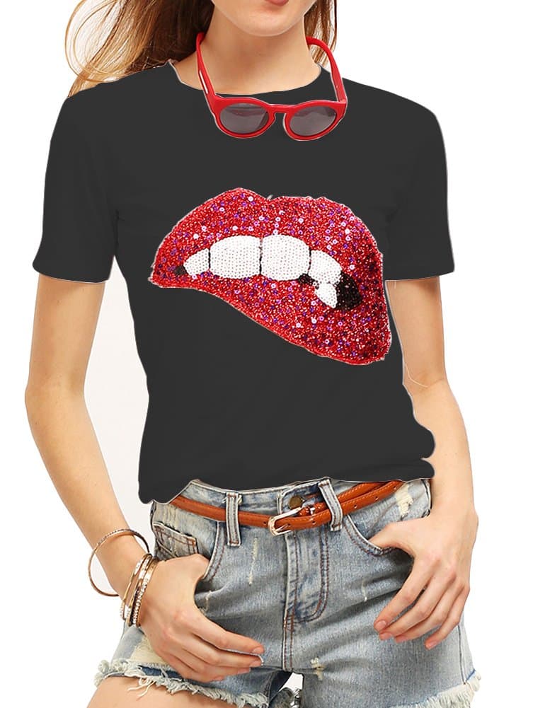 Women's Sequined Sparkely Glittery Lip Print T Shirt Cute Embroidery Teen Girls Tops