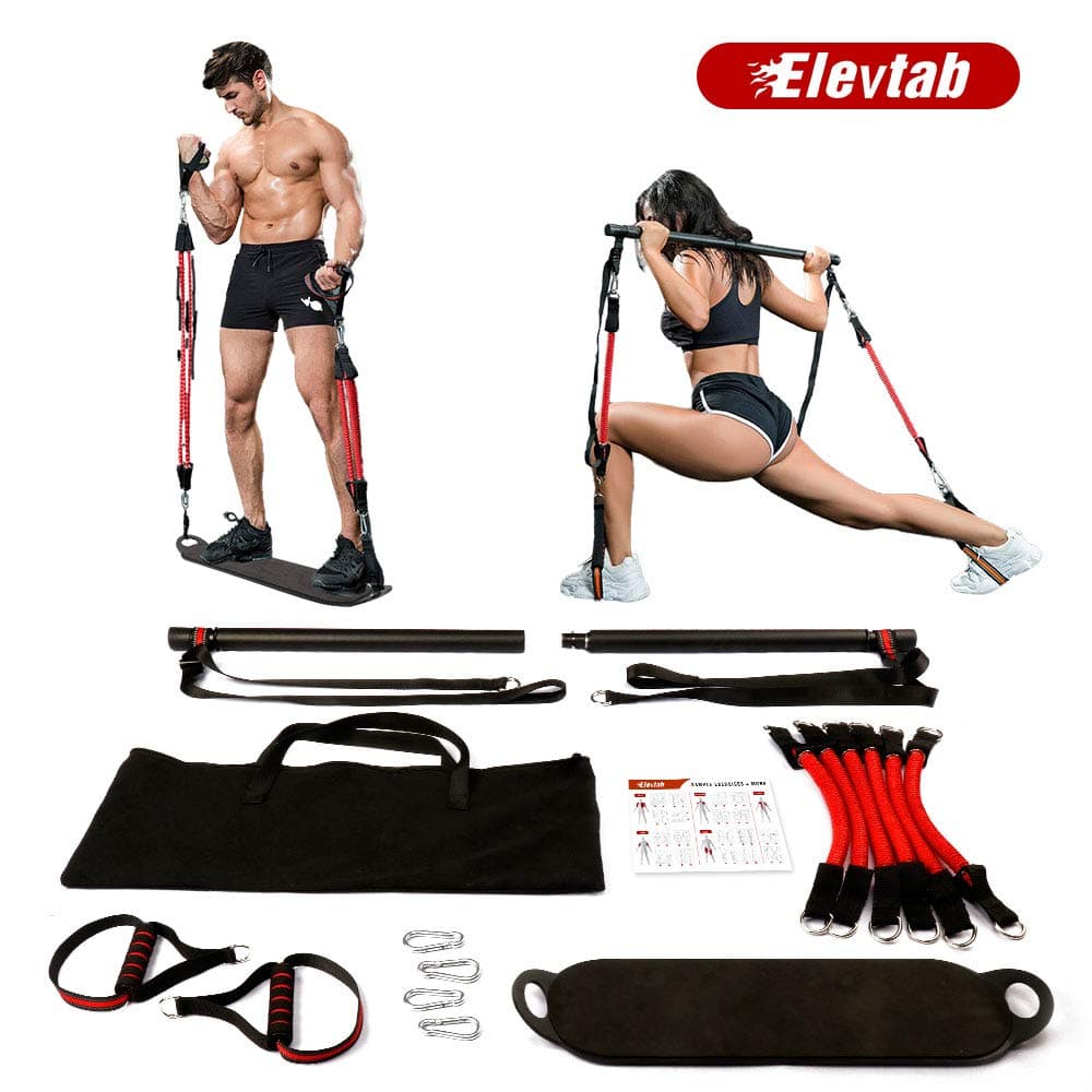 Portable Home Gym Workout Set 3.0- Collapsible Resistance Bar with Adjustable Straps+ 4 Levels Resistance Bands+Foot Board+Handles+Ankle Straps+Door Anchor+Workout Guide+Carring Bag