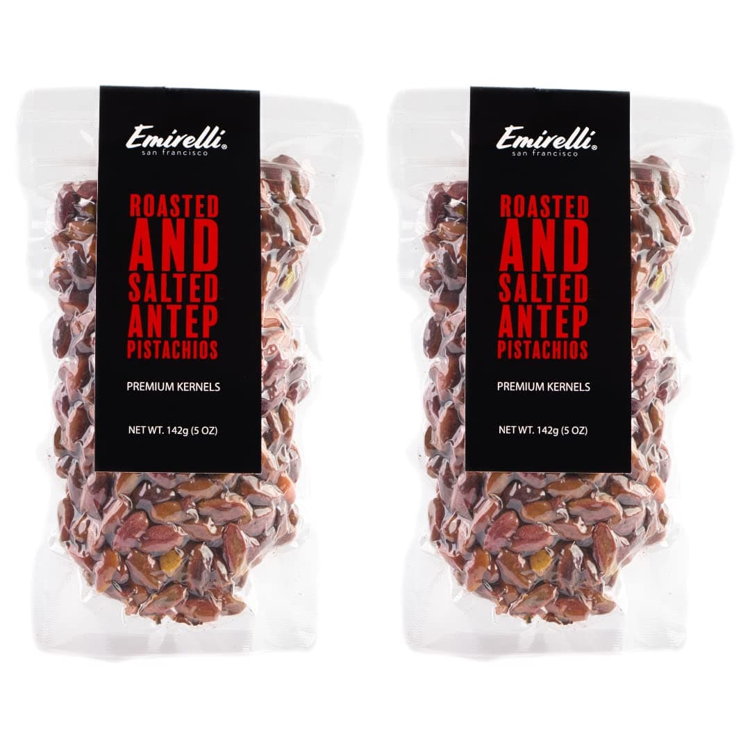 Emirelli Turkish Antep Pistachios, Roasted and Salted Without Shell Intense Nuts, Non GMO Natural Vegan Snacks, Remains Fresh with Resealable Bag (Roasted and Salted - No Shell, Pack of 2)