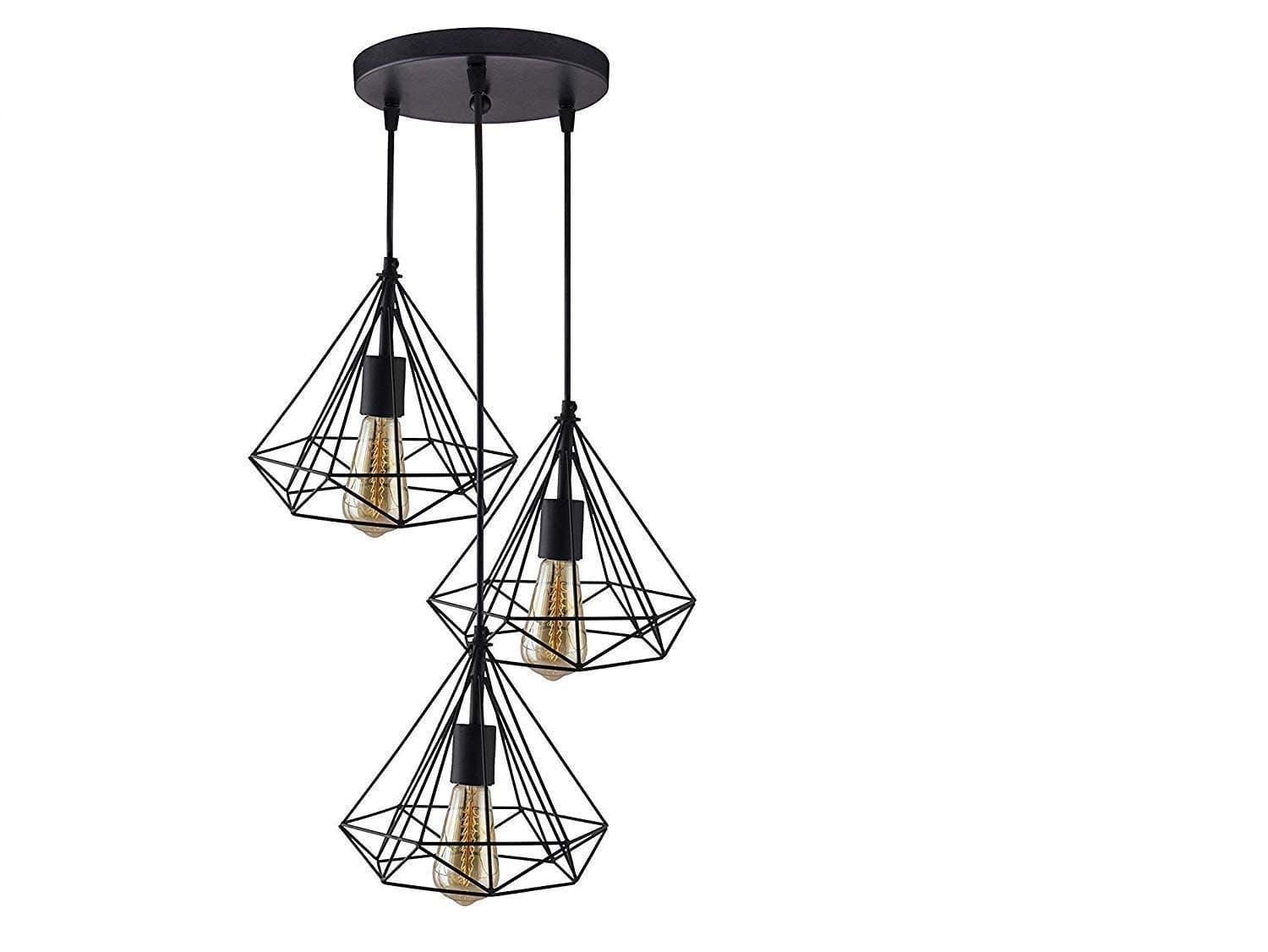 3 Lights Round Cluster Chandelier Black Diamond Hanging Pendant Light with Braided Cord (Bulb Not Included)