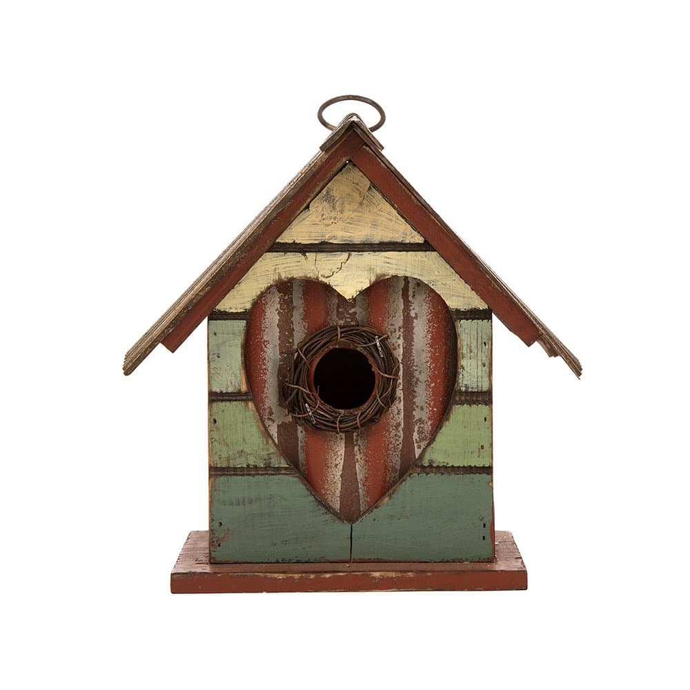 glitzhome6.8" H Hanging Bird House Outdoor Garden Patio Garden Decorative Pet Cottage Distressed Heart Wooden Birdhouse