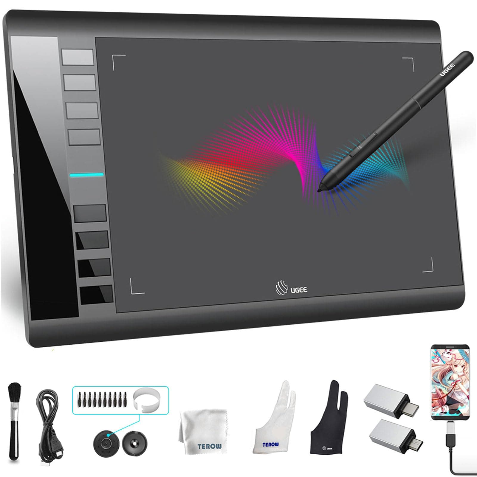UGEE Drawing Tablet Graphics, M708 V2 Upgrade PC&Computer&Android Device,10x6 Inch Ultra Thin Large Graphic for PC, Pad with 8 Hot Keys Upgrade 16384 Level Battery-Free Stylus for Unleash Creativity