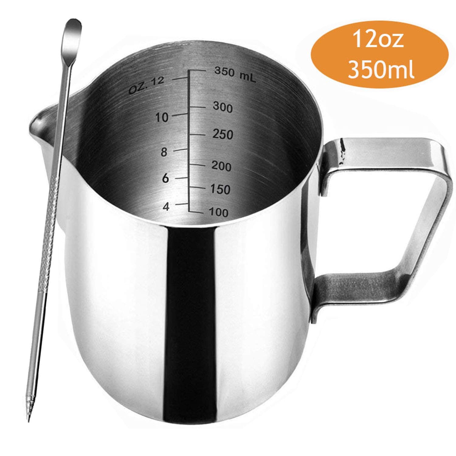 12, 20oz Stainless Steel Milk Frothing Pitcher, Espresso Steaming Pitcher Cup- Measurements on Both Inside - Perfect for Espresso Machines, Milk Frothers - Bonus Decorating Art Pen