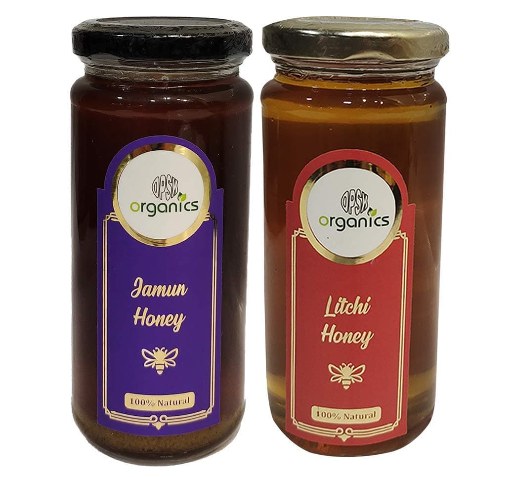 OPSK Organics 100% Natural Honey combo, Glass Bottle (Jamun-Litchi, 325g+325g)