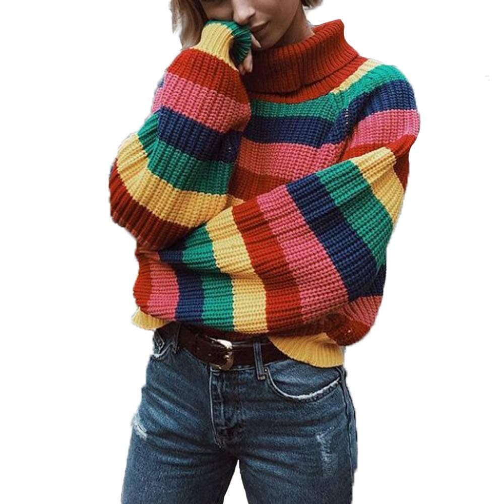 Womens Long Sleeve Striped Rainbow Striped Top Turtleneck Knitted Sweater Jumper Shirt