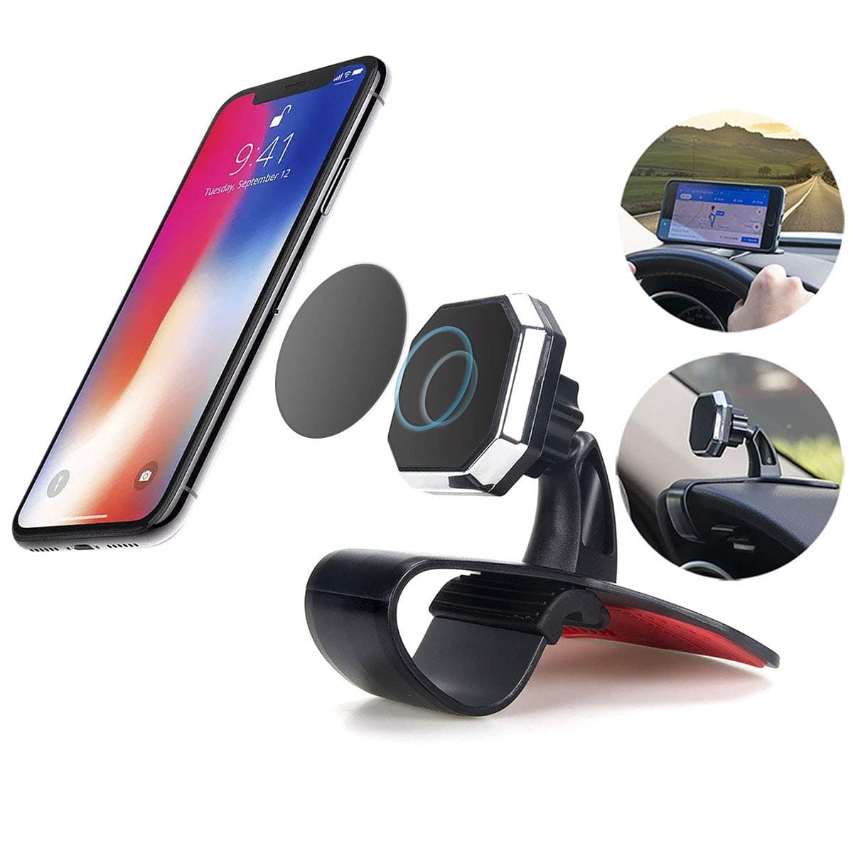 HANTOP Magnet Phone Holder for Car, Universal Dashboard Clamp Adjustable Magnetic Phone Mount Cradle with Metal Plates Car Mount for iPhone X/8/8plus/7/7plus/6plus/6s/6/Se, Samsung/Huawei And More