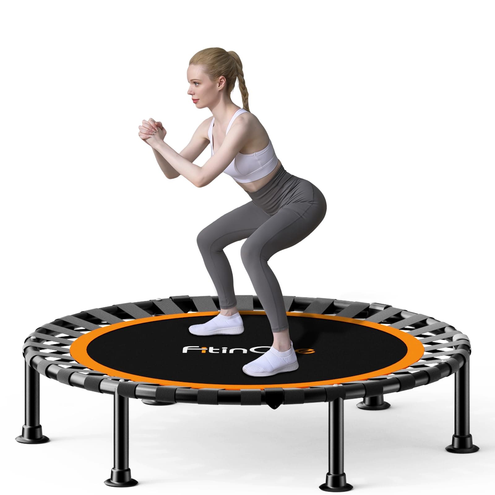FitinOne 40" Folding Mini Trampoline Max Load 150KG, Indoor Exercise Rebounder with Handle, Fitness Trampoline for Adults and Kids with Bungee Band