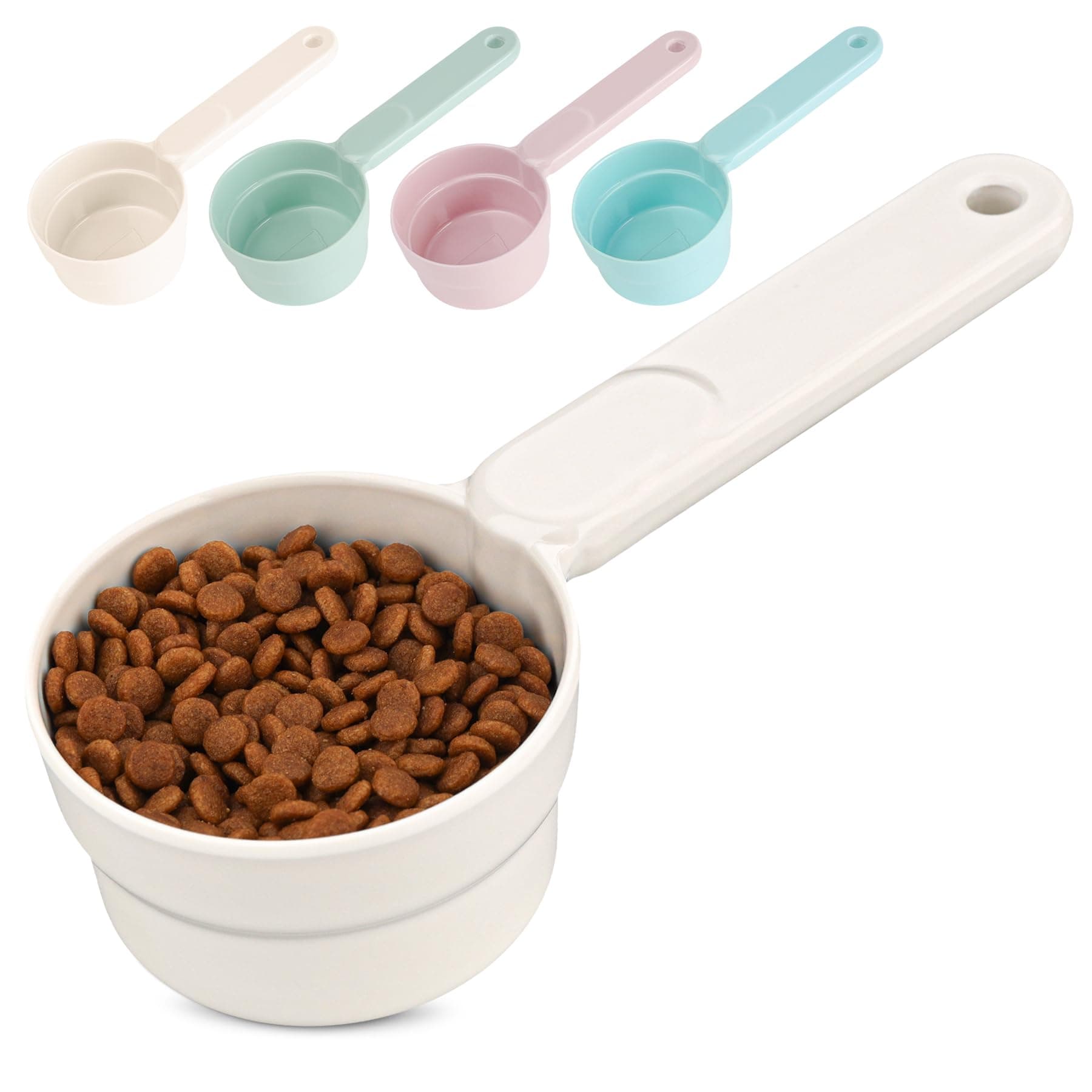 - Melamine Pet Food Scoop, Cat Food Measuring Cups, Comfortable Long Handle Scoop for Dog, Cat, Ferret and Rabbit Food, 1 Cup Size Pet Food Feeding Scoop Dishwasher Safe (White