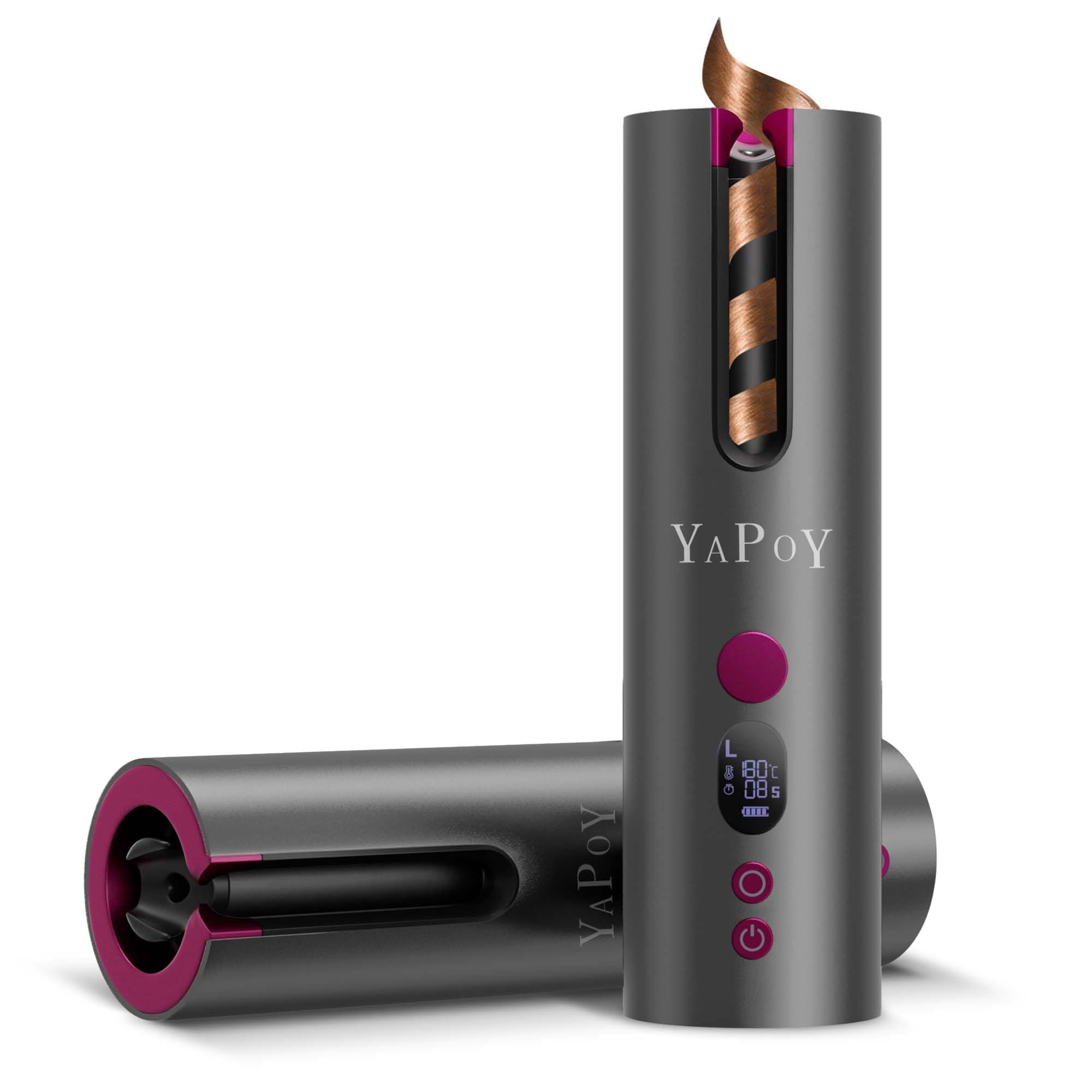 YAPOY Cordless Automatic Curling Iron Rechargeable Auto Curlers with 5 Temps & Timers, Heat Insulation Chamber, LCD Screen, Auto Shut-Off, Suitable for Short & Long Hair Styling - Grey&Magenta
