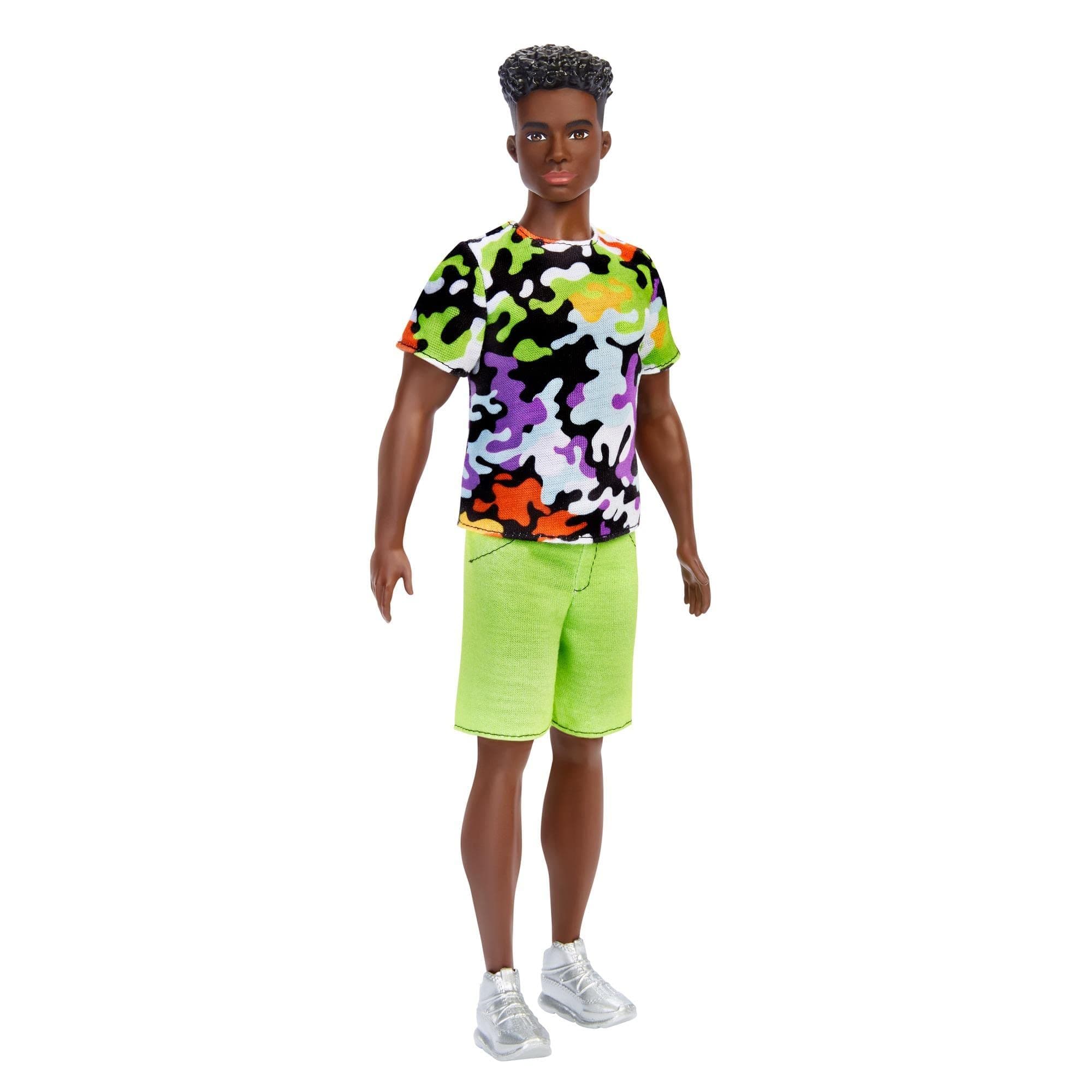 Fashionistas Ken Doll #123, Broad with Black Curly Hair Wearing Multi-Colored Camo Print Shirt, Neon Green Shorts & Silvery Sneakers