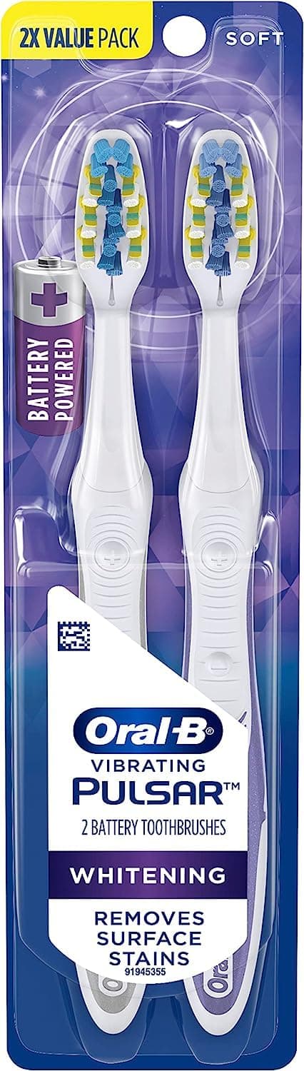 Oral-B 3D White Pulsar, Battery electric toothbrushes, 2 count SOFT toothbrush pack, removes stains, whitens teeth, travel essentials tooth brush