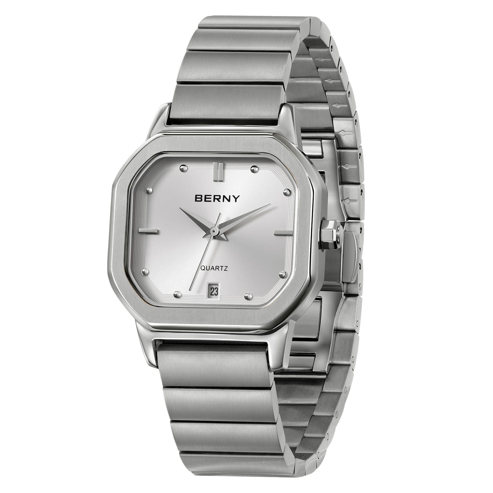 BERNYSilver Watch for Men Classic Square Quartz Watch Men's Casual Analog Watches with Date Calendar Japanese Movement Stainless Steel Case/Watch Band