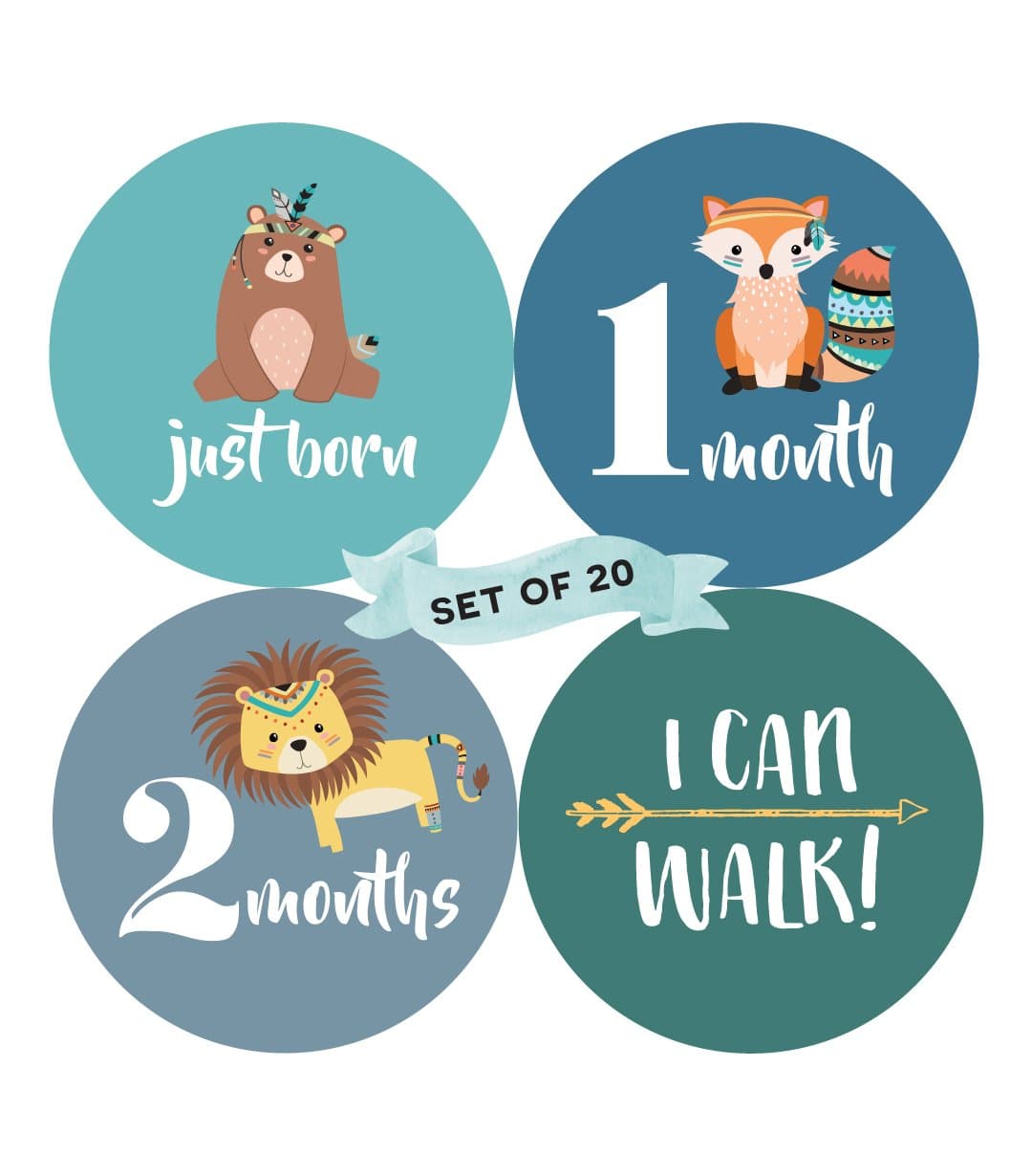 Baby Monthly Milestone Stickers (Set of 20) - Birth to 12 Months + 7 Bonus Achievement Stickers