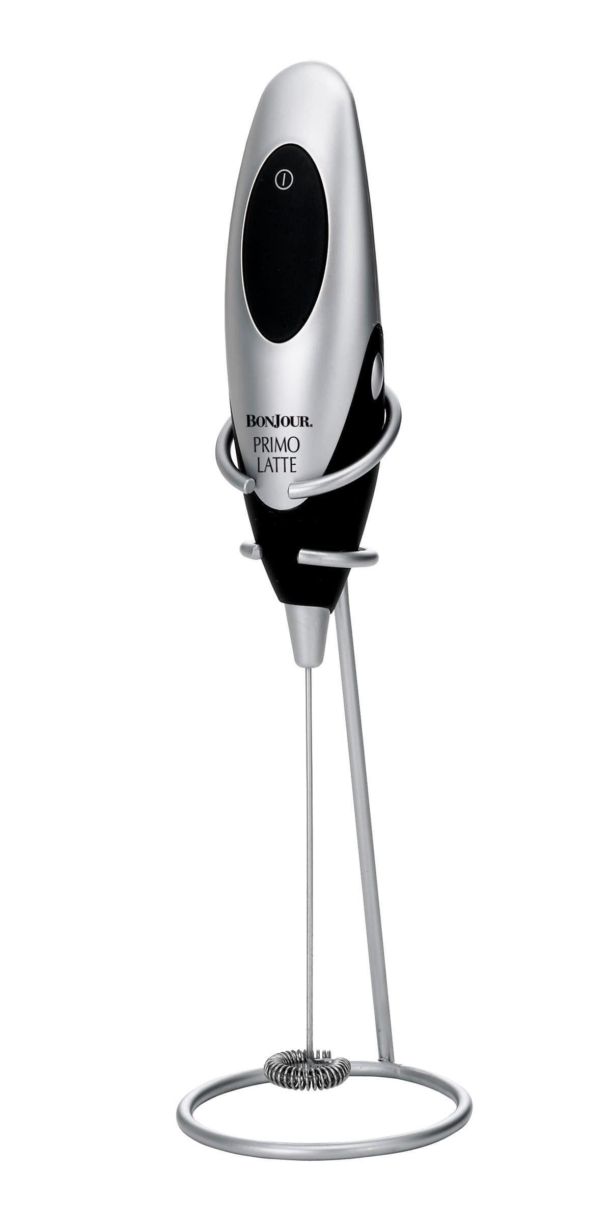 BonJour Coffee Hand-Held Battery-Operated Beverage Whisk / Milk Frother, Silver, Primo Latte