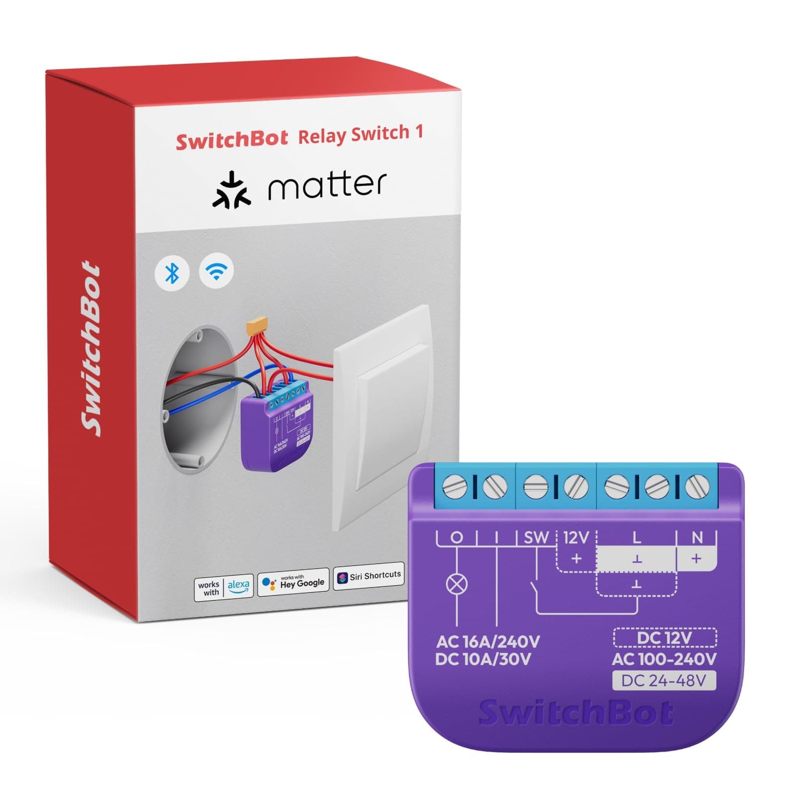 SwitchBot WiFi Switch Compatible with Alexa/Apple Home/Google Home/Matter (Hub Required), Power-Measuring Relay Switch Module with Integrated Bluetooth Repeater and Dry Contact, 2.4 GHz, 16 A