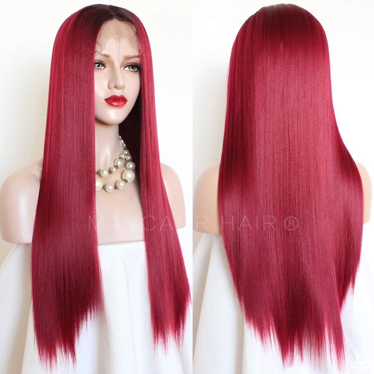 Maycaur Red Long Straight Synthetic Lace Front Wigs 180 Density Heat Resistant Black Red Wig for Women Natural Straight Hair 24 inch