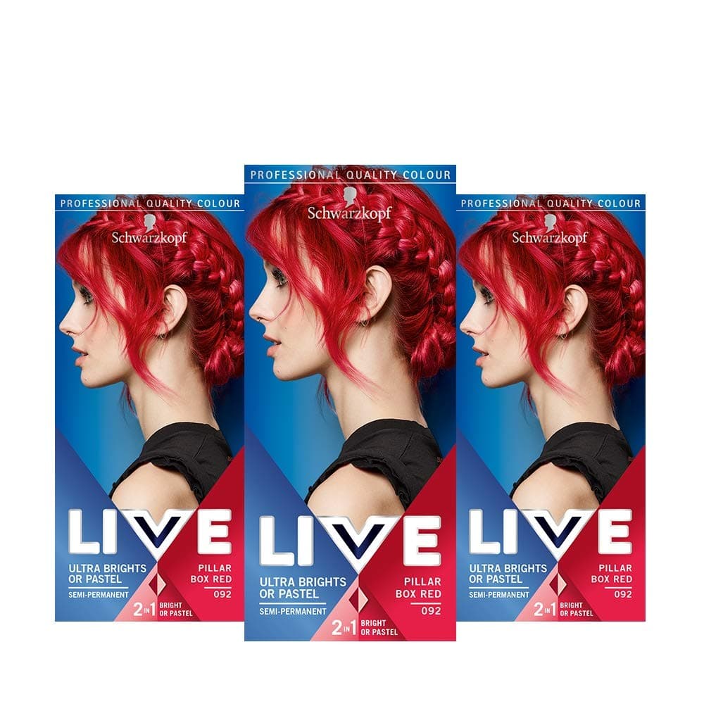 LIVE Ultra Bright or Pastel Red Hair Dye, Pack of 3, Semi-Permanent Colour lasts for up to 15 washes - 092 Pillar Box Red