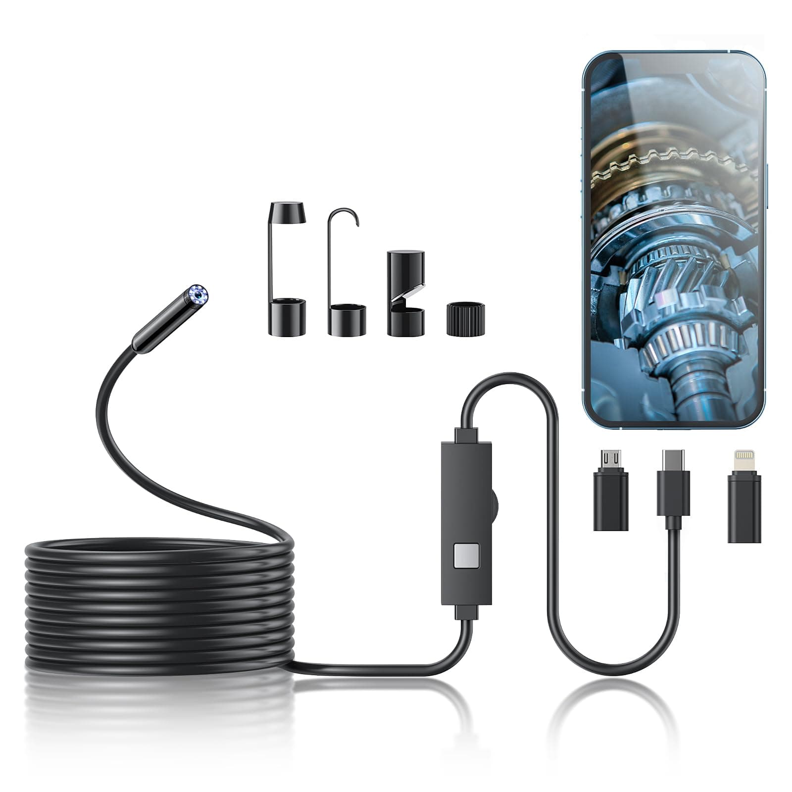 Endoscope Camera with Light, 1920P HD Borescope with 8 Adjustable LED Lights, Endoscope with 16.4ft Semi-Rigid Snake Cable, 7.9mm IP67 Waterproof Inspection Camera for iPhone, iPad，Android