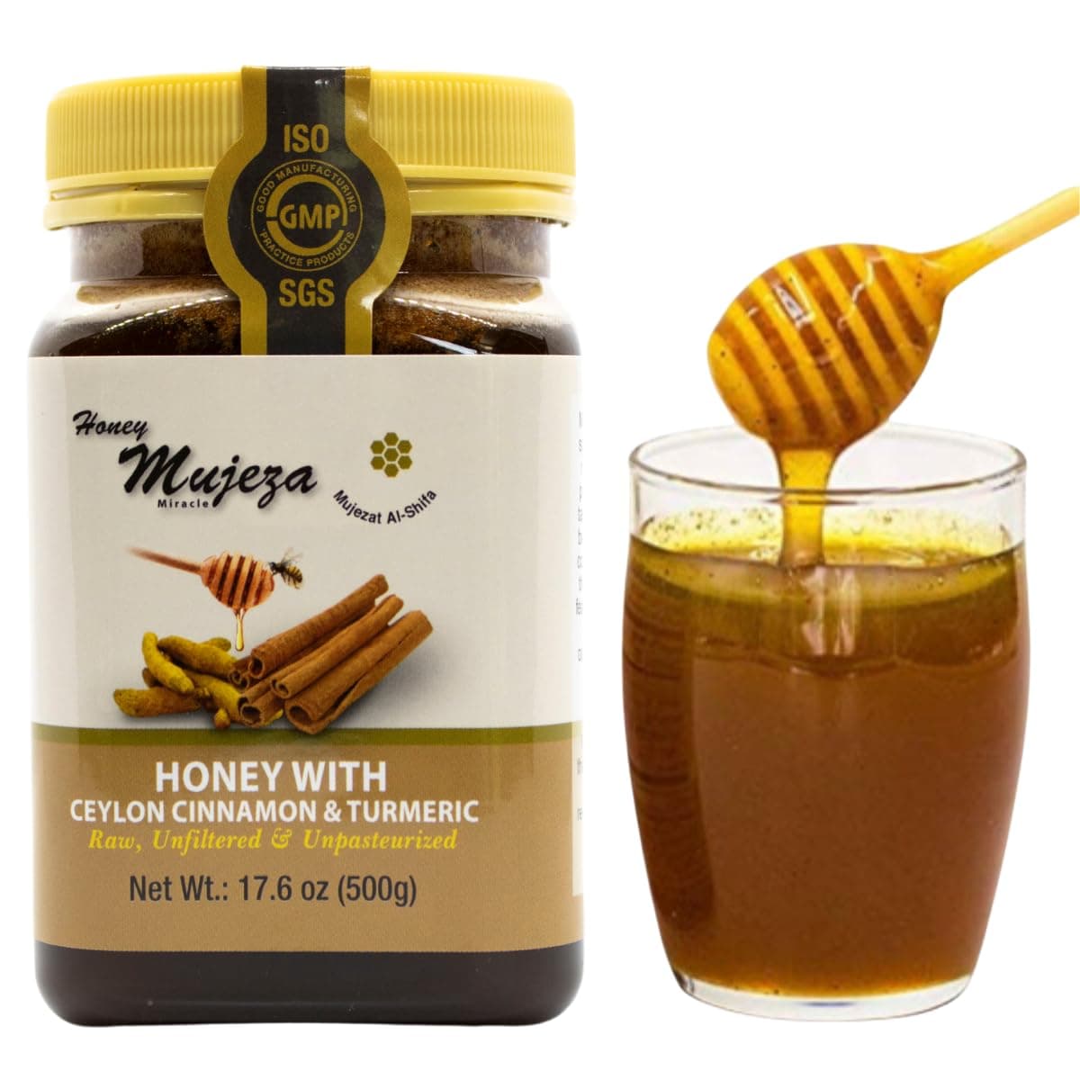Black Seed Honey with Cinnamon and Turmeric - Not Mixed with Oil or Powder - Gluten Free - Non GMO - Immune Booster - 100% Natural Raw Honey 500g / 17.6oz