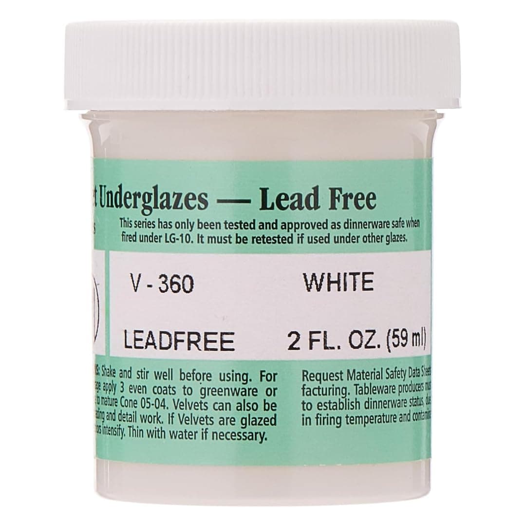 Velvet V-360 White Underglaze, 2 oz. (59 mL), Cone 05-10 (V) Intermixable Liquid Ceramic Pottery Underglaze for Bisque and Wet/Unfired Clay