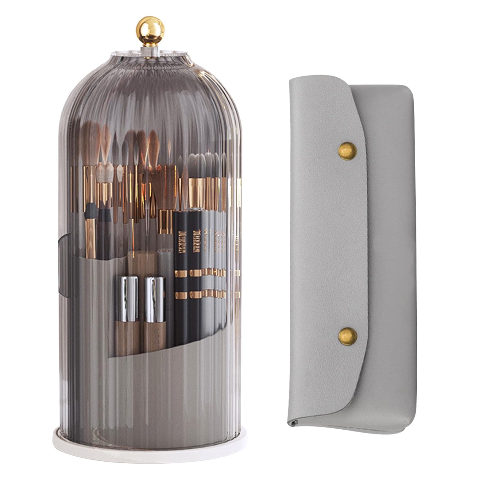 Longzhuo 360 Rotating Makeup Brush Holder Organiser with Dustproof Clear Lid, Acrylic Cosmetic Storage for Vanity Table - Brush, Lipstick, Eyeliner Organizer, Bathroom & Bedroom Desktop (Black)