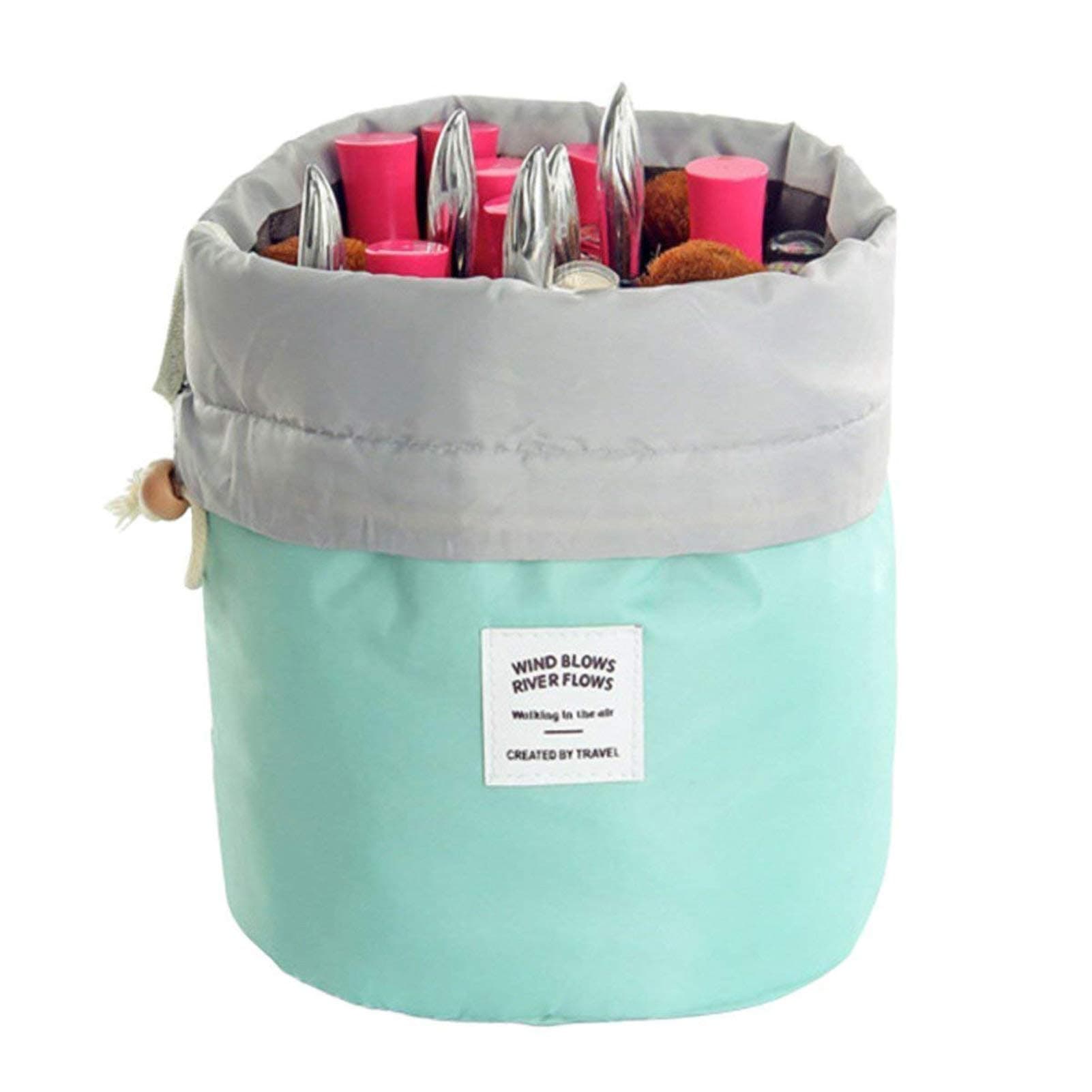 EUOW Travel Cosmetic Bags Barrel Makeup Bag,Women Portable Foldable Cases, Multifunctional Toiletry Bucket Bags Round Organizer Storage Pocket Soft Collapsible(Lightblue)