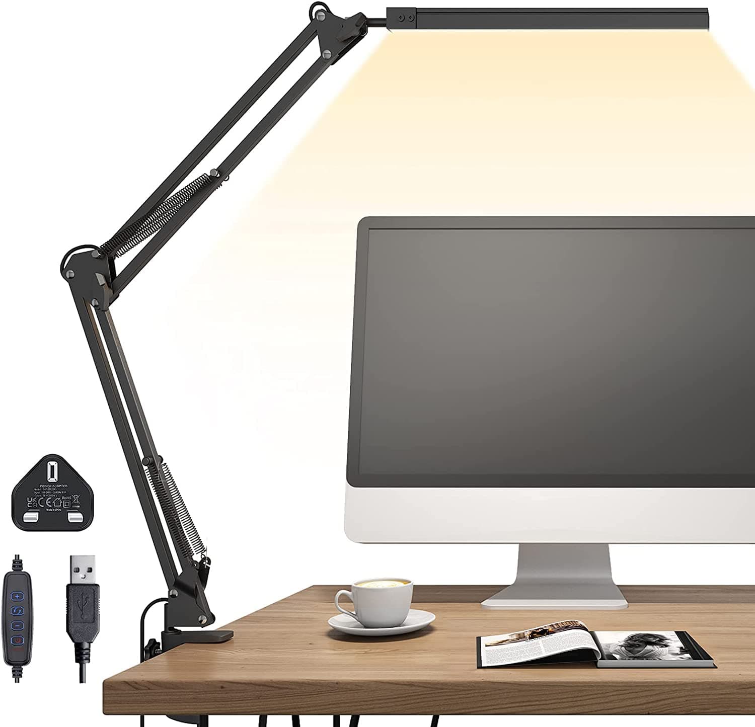 LED Desk Lamp, Table Lamp with Clamp for Computer/Desktop, Eye-Caring, 3 Modes 10 Brightness with USB Charging Port-Bedside Table Lamp for Reading, Study Lamp for Kids, Home, Office, Black