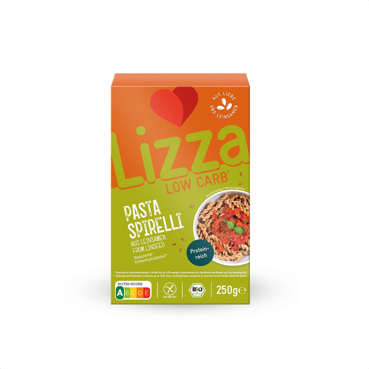 Lizza - Low Carb Spirelli Protein Pasta - 332kcal, 23g Protein & 16g Fibre per Serving - 250g - Gluten Free Organic Keto Flaxseed Pasta