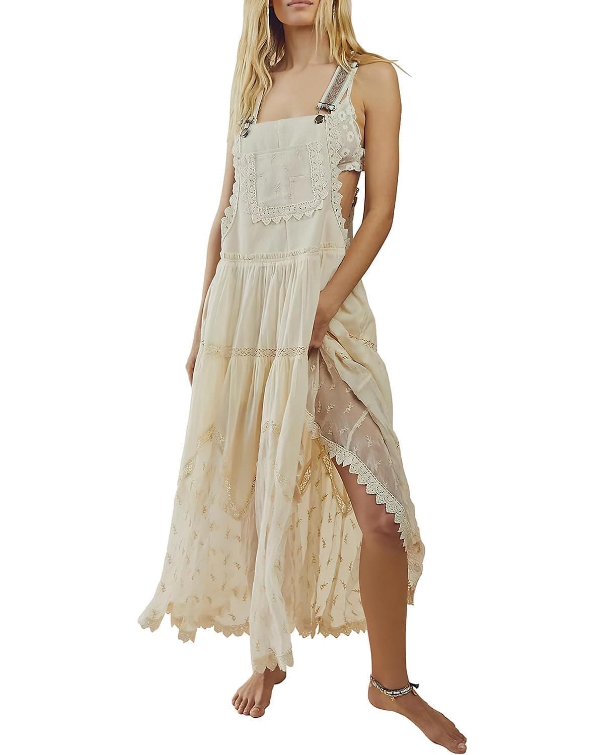 Women's Laced Embroidered Tulle Bib Dress Casual Loose Adjustable Straps Maxi Dress