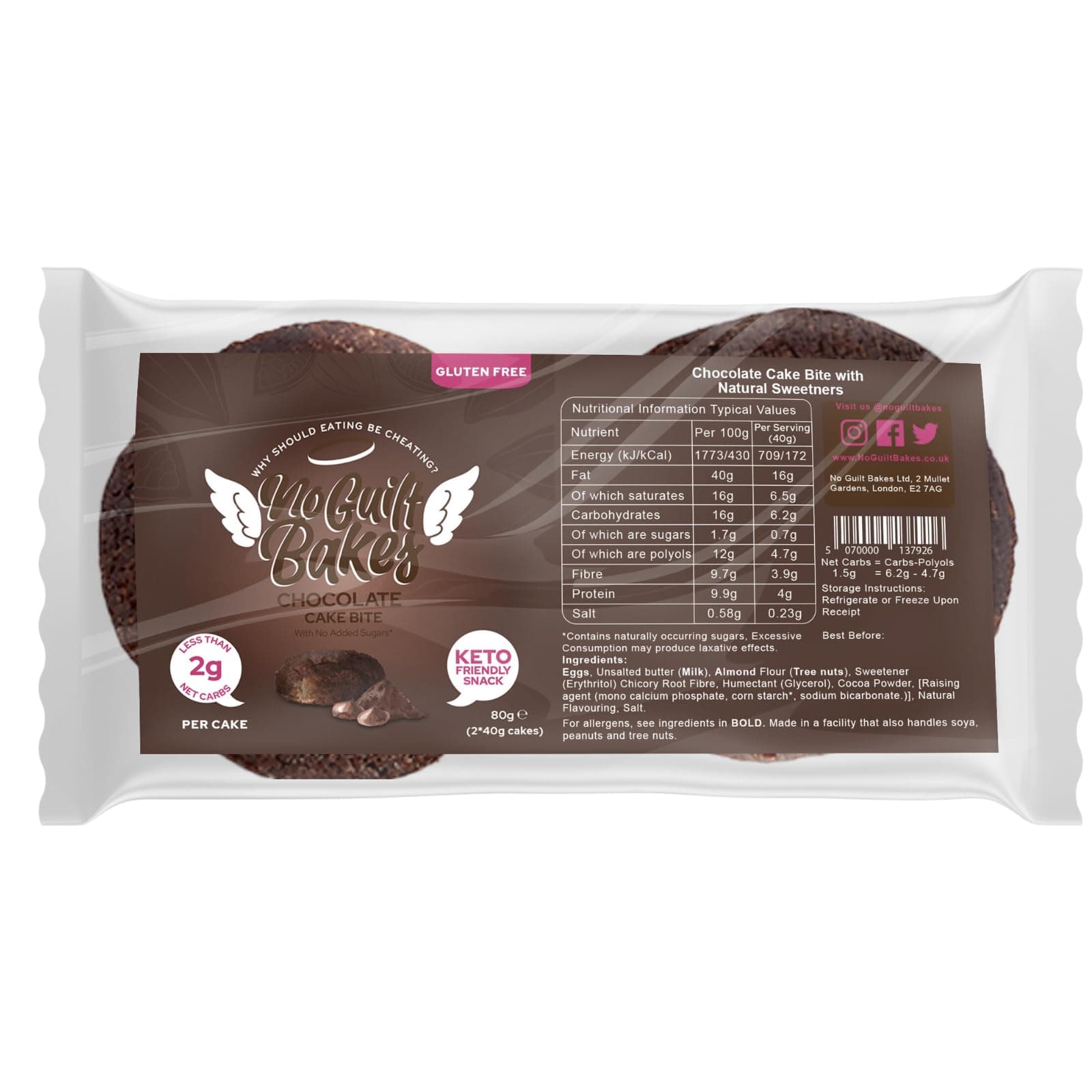 Keto Cake Bites - Chocolate, 10 Cakes (2x5) - Gluten Free & No Sugar Added, Healthy Diabetic, Fibre, Keto Diet Snack