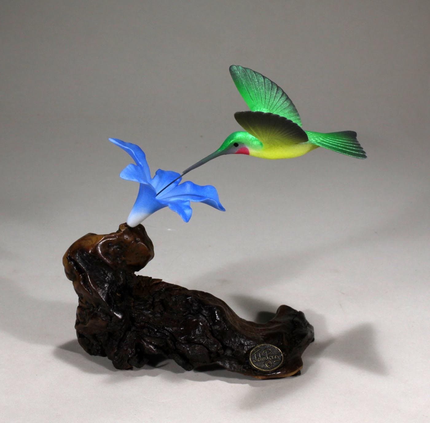 Hummingbird w/Blue Flower Sculpture by John Perry 7in Tall Statue