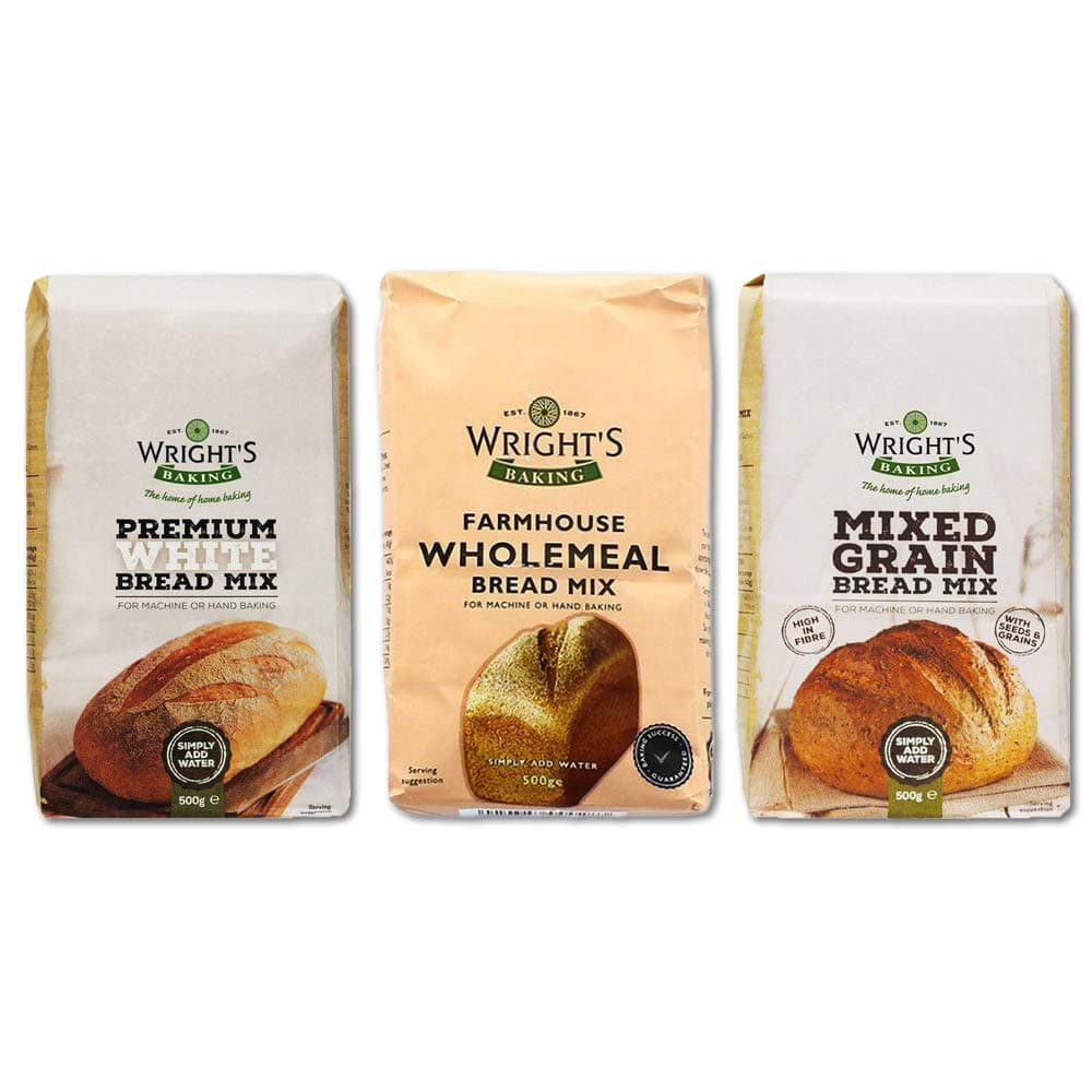 Wright's Baking Bread Mix Selection Pack - Premium White, Farmhouse Wholemeal & Mixed Grain (One of Each 500g Pack)