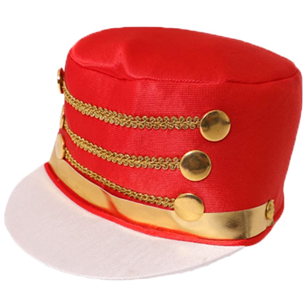Red Majorette Hat for Women - Tall Red Toy Soldier Hat With White Peak, Gold Buttons, and Detailing - Christmas Nutcracker Cheerleader Fancy Dress Accessory - One Size