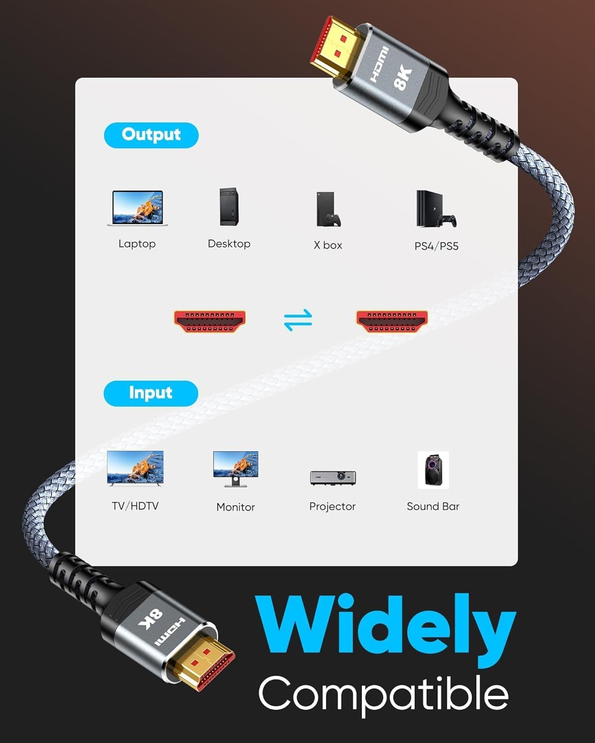 8K HDMI Cable Long 2.1 30FT/9M, Highwings 48Gbps High Speed HDMI 4K120 144Hz Dynamic HDR 10 eARC HDCP 2.2&2.3 Compatible for PS5, Blu-ray Player and Monitor