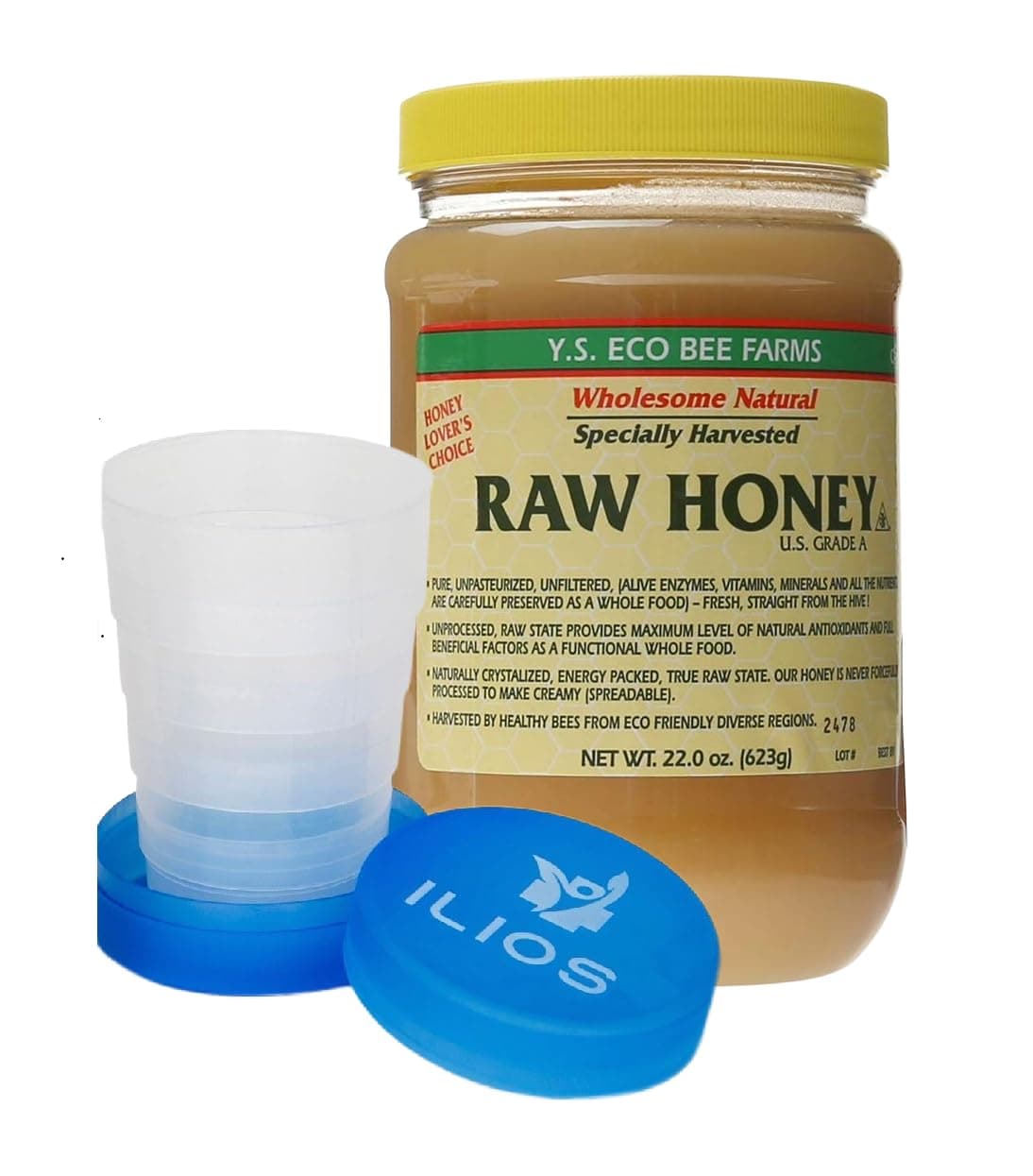 Y.S. Bee Farms Organic Honey Raw Unfiltered - 22 oz 2 Pack - U.S. Grade A Raw Honey, Packed by ILIOS