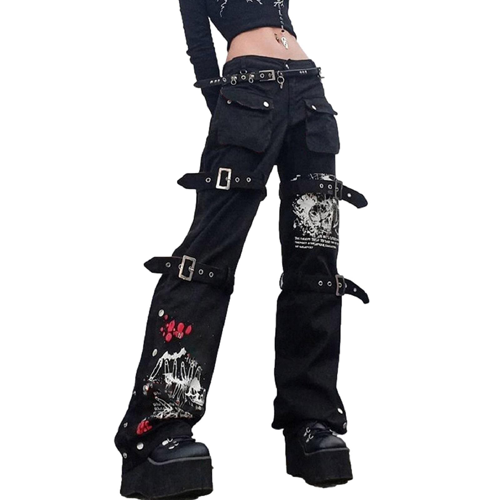 Women Gothic Cargo Pants Loose Low Waist Trousers Wide Leg Baggy Jeans Harajuku Streetwear Punk