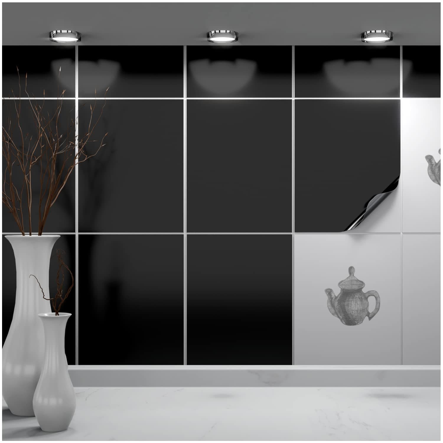 FoLIESEN Tile Sticker 20x25 cm (~ 8x10 Inch) - Tile Stickers for Bathroom & Kitchen - Pack of 200, Black glossy