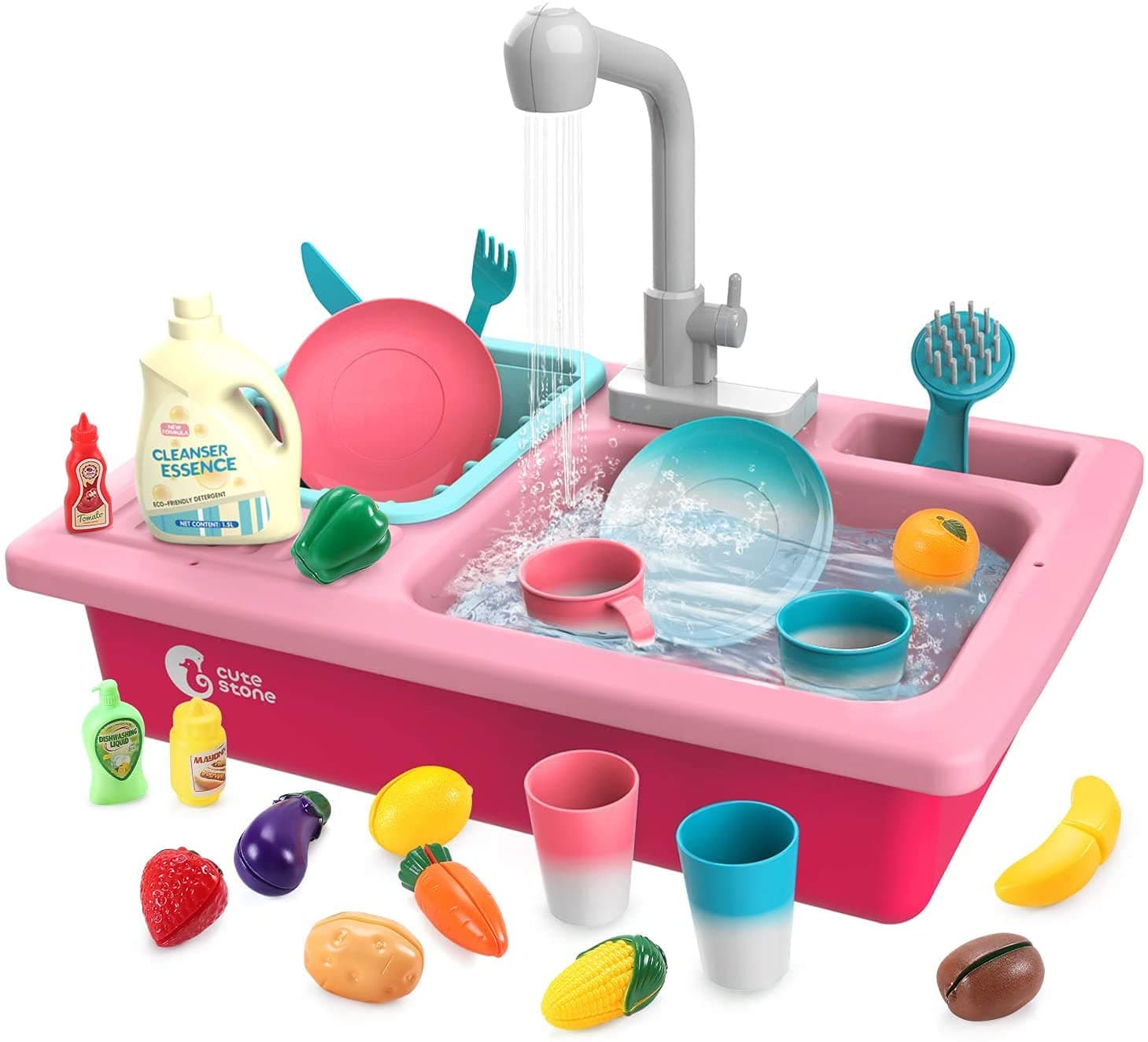 cute stone Color Changing Kitchen Sink Toys, Children Heat Sensitive Electric Dishwasher Playing Toy with Running Water, Automatic Water Cycle System Play House Pretend Role Play Toys for Girls