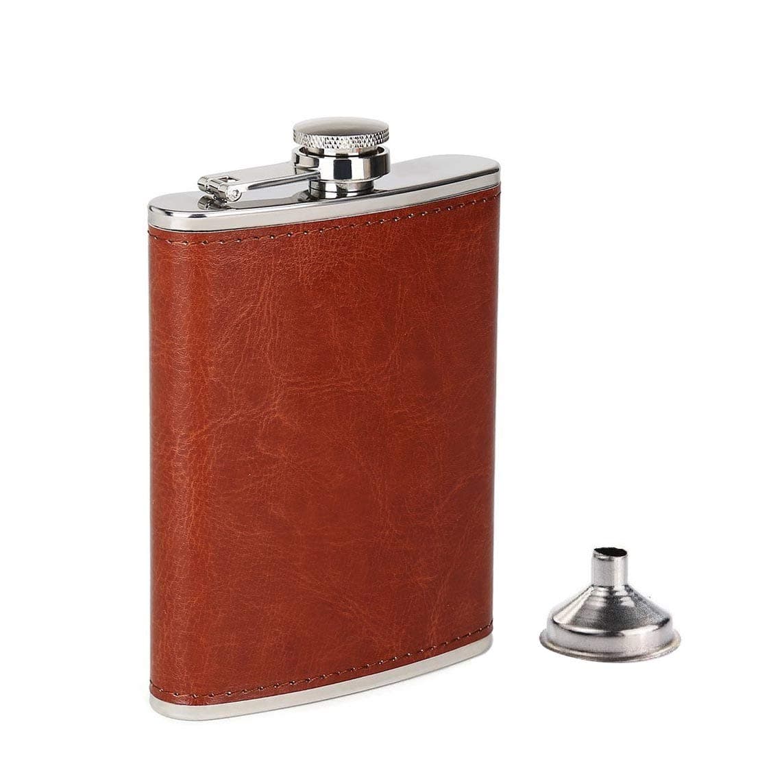 Menzy Stainless Steel and Stitched Leather Hip Flask 7 oz (210 Ml), Designer Wine Whiskey Vodka Alcohol Drinks Pocket Bottle with Funnel Set for Men Women - Alcoholic Beverages Holder Liquor Flasks