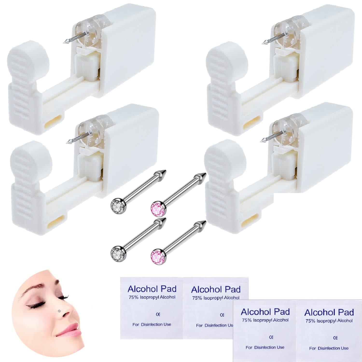 4-Pack Disposable Self Piercing Kit with Built-in Nose Studs, Very Safe Piercing Gun, Simple and Convenient Operation, Ideal for Family Use (White + Pink)