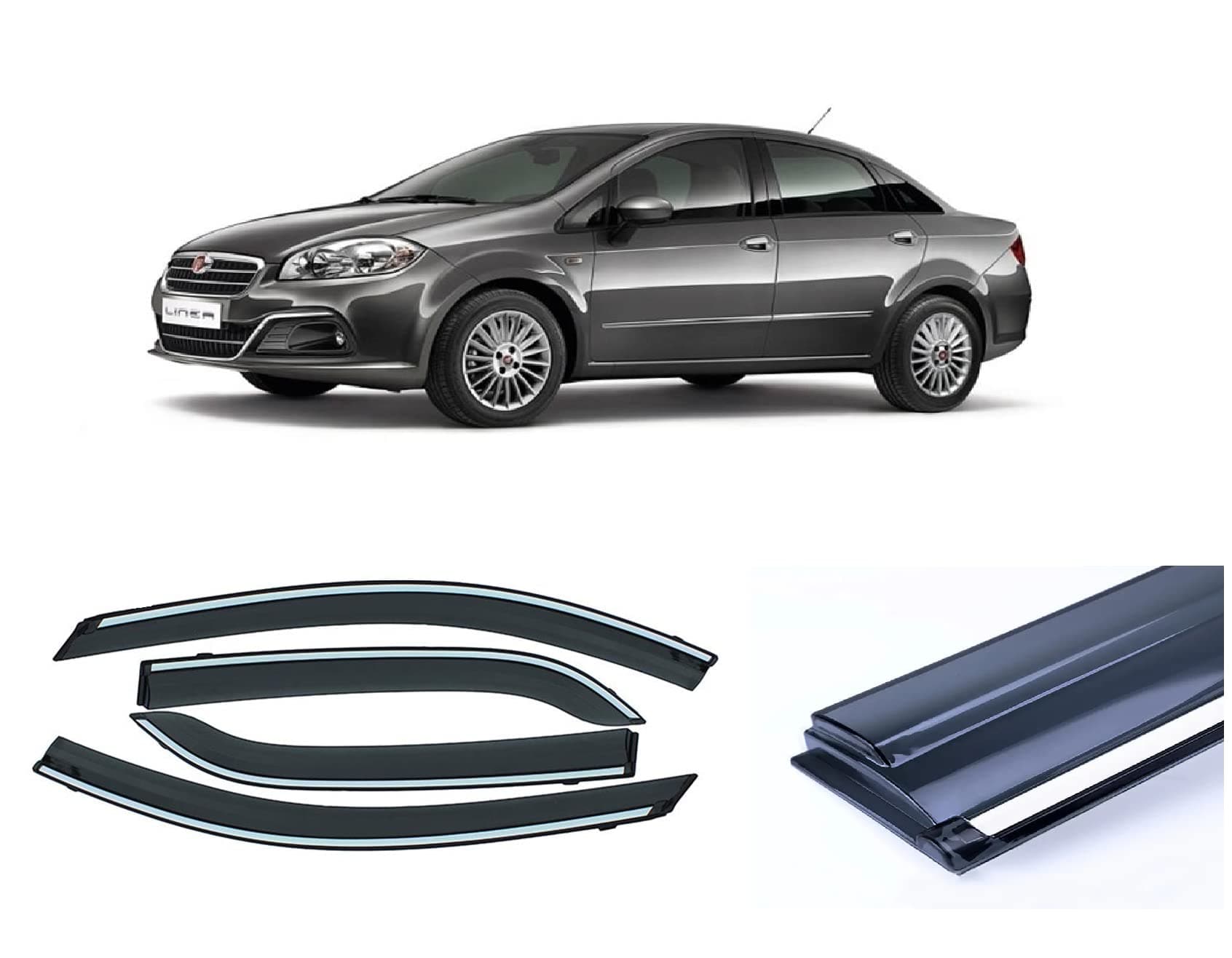 Empica Plastic Window Door Visor Rain Guard Side Wind Deflector Chrome Lining Shield Compatible with Fiat Linea (Set of 4)