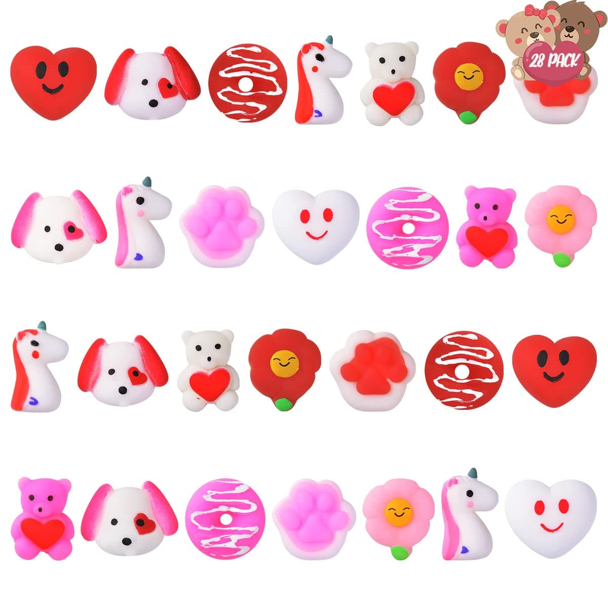 FUNNISM 28 Pack Valentines Day Mochi Squishy Toys Set, Mini Stress Relief Fidget Toys for Kids Boys Girls, Classroom Prizes, Classroom Exchange Gift, Goodie Bag Filler, Valentine Party Favors Supplies