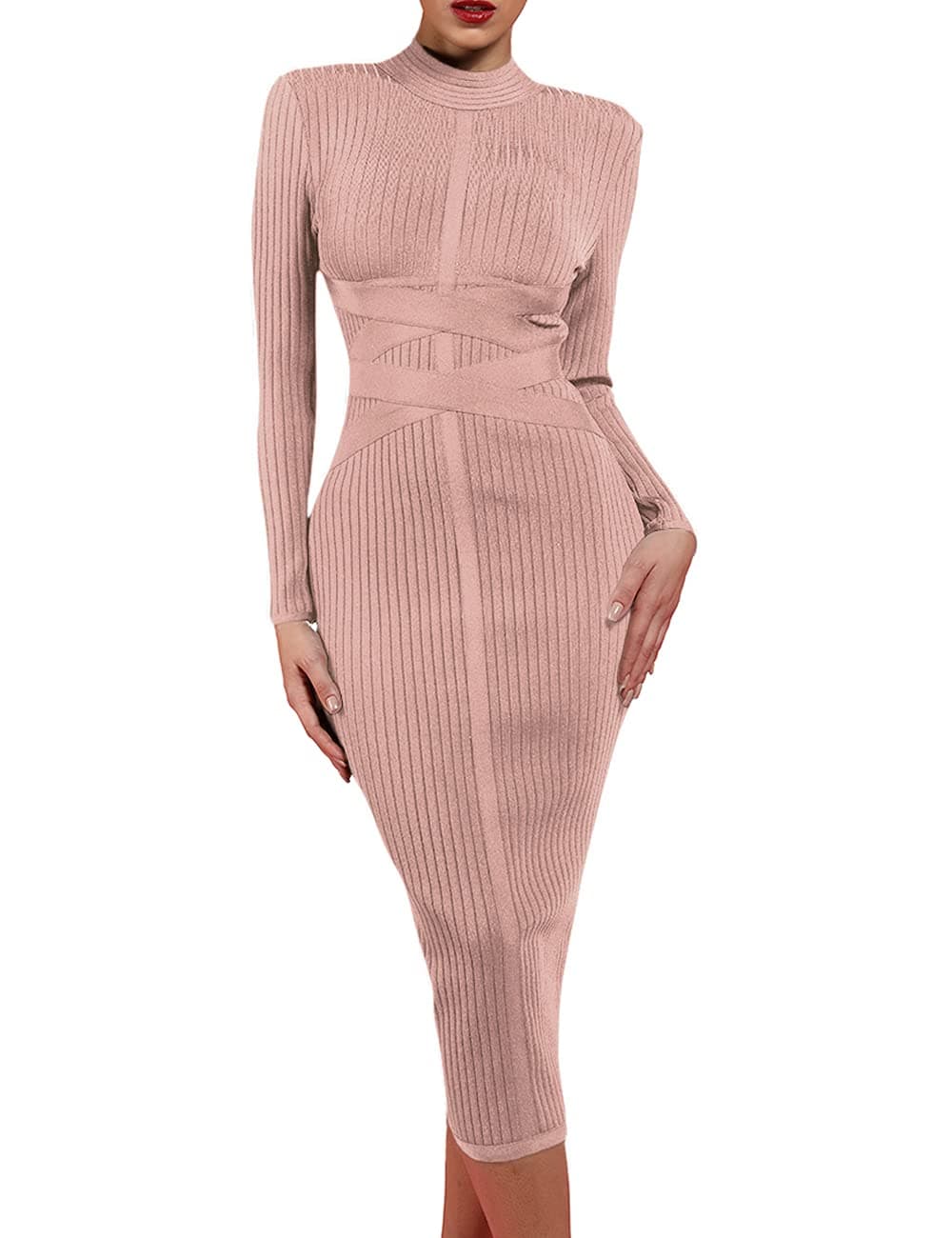 UONBOX Women's Long Sleeves Cross Strap Ribbed Club Party Midi Bodycon Bandage Dress