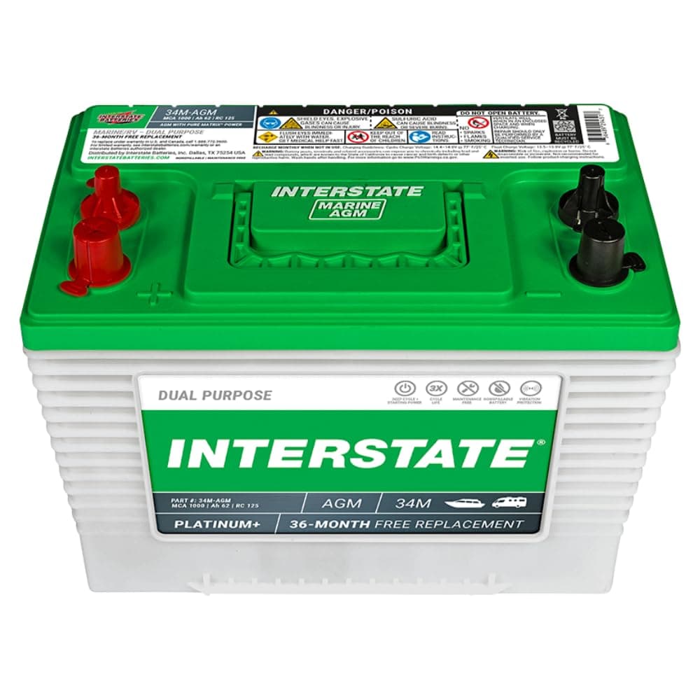 Interstate Batteries Marine/RV Battery 12V 62Ah 800CCA (34M-AGM) Dual Purpose Power Pure Lead AGM RV & Marine Starting Replacement Battery (Group Size 34M) Boats, RV's