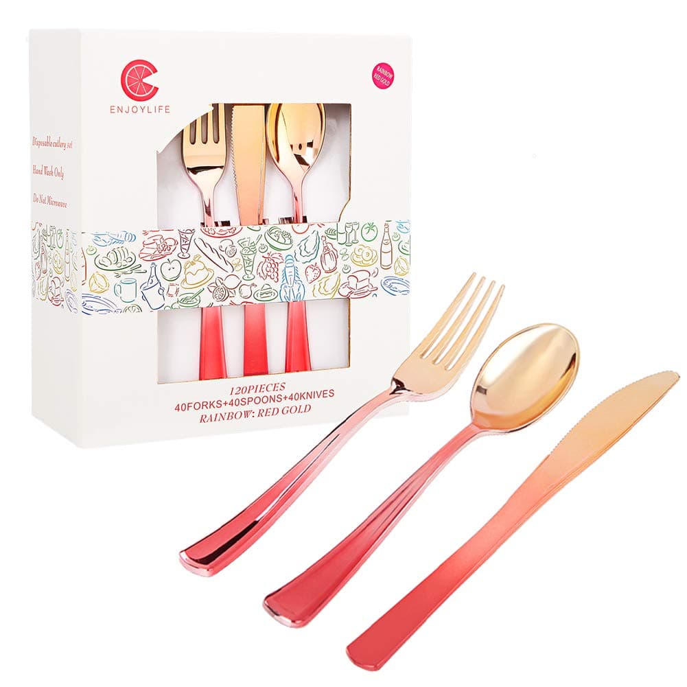 Supernal 120pcs Red and Gold Plastic Silverware,Rainbow Plastic Silverware,Wedding Plastic Cutlery, Plastic Flatware for Party Suit for Easter Day Monther's Day
