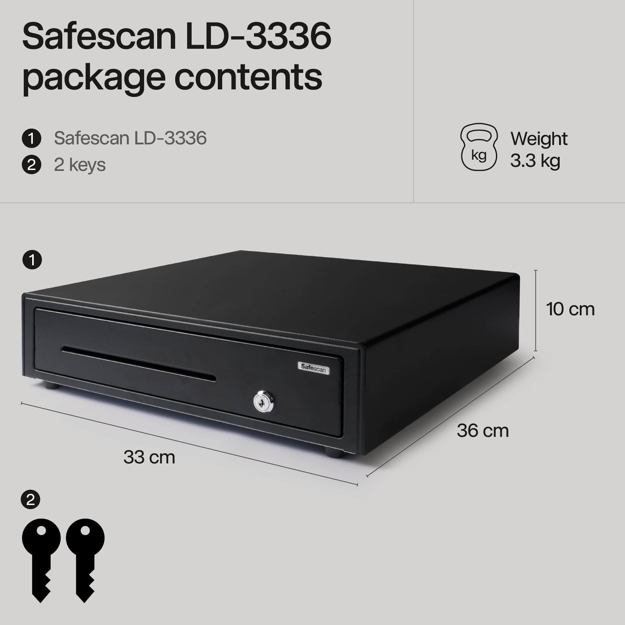 Safescan LD-3336 Light-Duty Cash Drawer that Safely Stores Your Cash - Till Drawer with 3 Note and 8 Coin Slots - Cash Till with RJ-12 Connection - Compact Cash Register Drawer of 33 X 36 X 10 cm