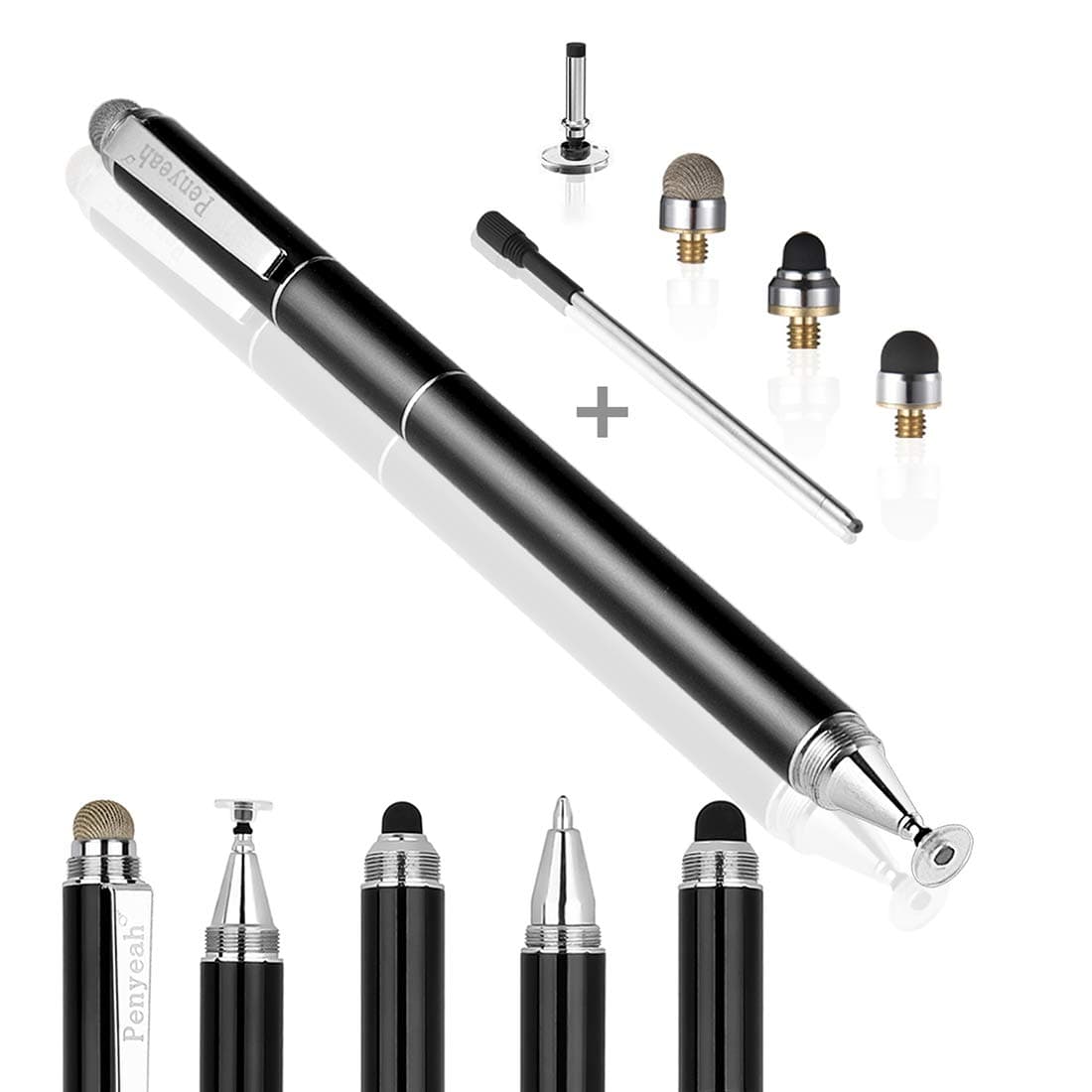 Penyeah 4 in 1 Disc Stylus Pen for Touch Screens, High Precision and Sensitivity Universal Capacitive Stylus, Stylist for Tablets, iPhone, iPad, Laptops with 4 Replacement Tips - Black