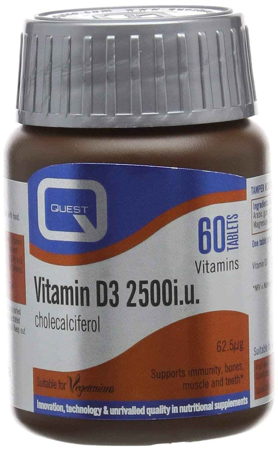 QuestVitamin D3 2500i.u High Strength Vitamin D Supplements Tablets. Easy to Swallow One A Day Cholecalciferol D3 Vitamin for Immune System, Healthy Bones, Teeth and Muscles (60 Tablets)