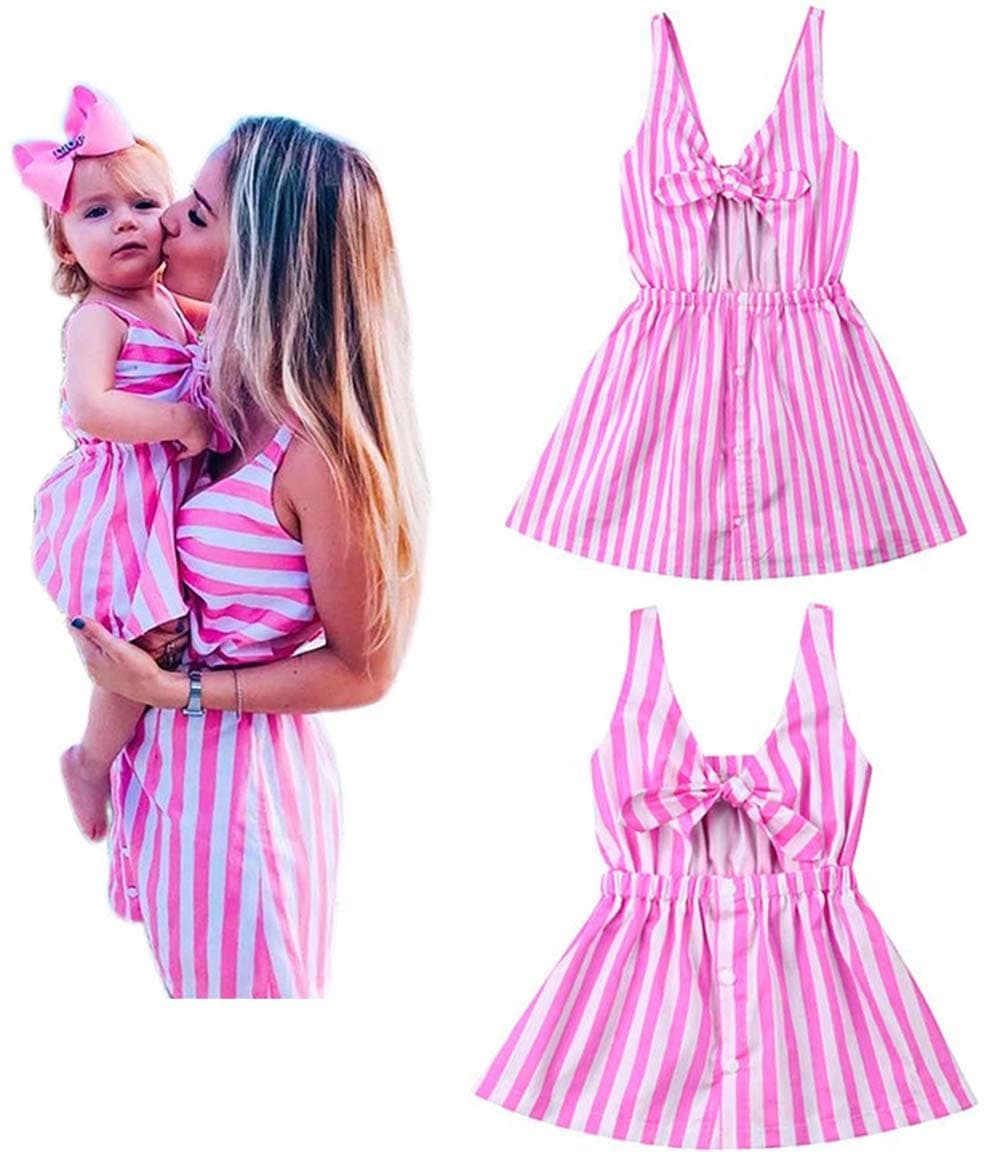 Mommy and Me Pink Striped Print Spaghetti Straps Dresses Family Matching Sleeveless Bow Tie Knot Front Midi Dress