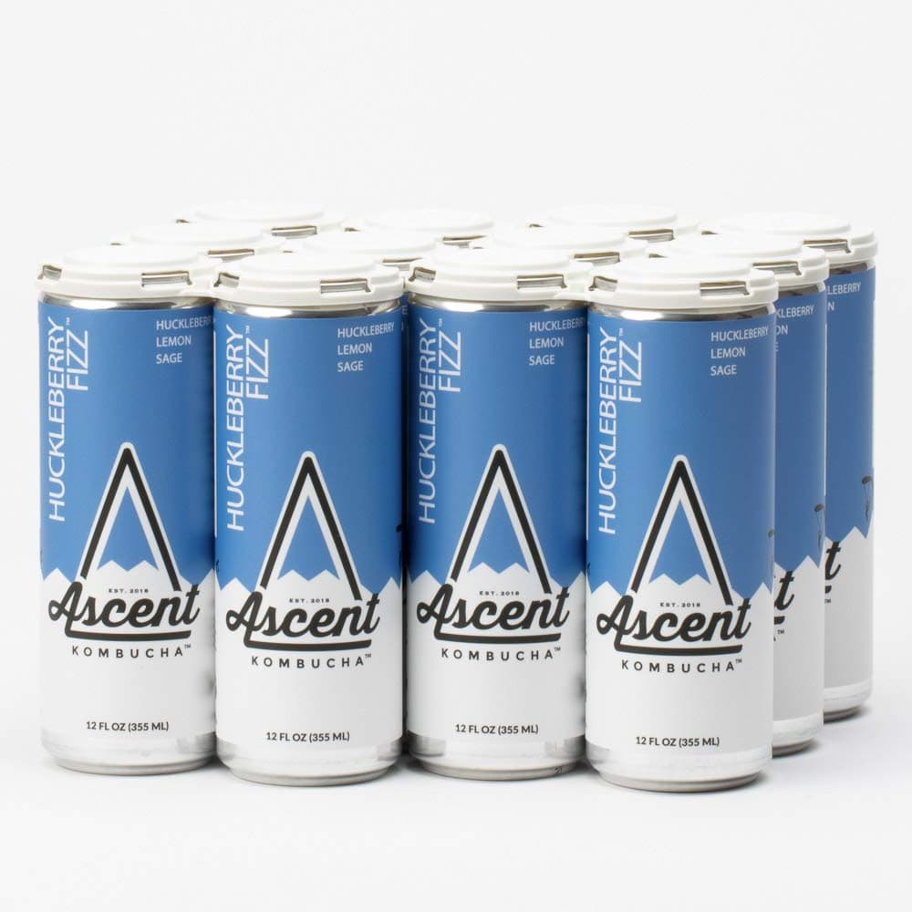 Ascent Kombucha - Sparkling Tea Beverage - 12oz Sleek Cans Shipped Cold | 12 Pack Case - Huckleberry Fizz Flavor (Huckleberry, Lemon, Sage)